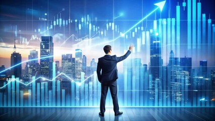 Businessman analyzing stock market with city skyline backdrop, data insights and growth - Powered by Adobe