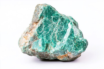Close up shot of a rough green mineral stone with visible cracks and texture on white background