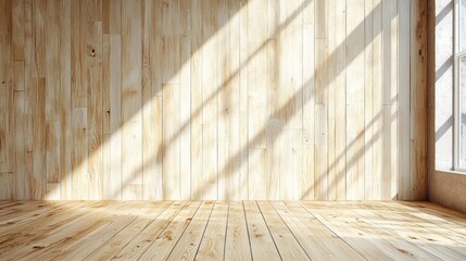 A wooden room with sunlight streaming through a window, creating a warm and inviting atmosphere.