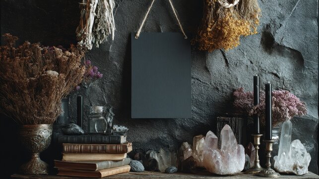 blank hanging on a dark stone or weathered plaster wall, surrounded by witchy decor such as dried herbs, black candles, antique books, and crystal clusters, soft moody lighting with subtle shadows