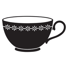Elegant black and white illustration of a classic teacup with a decorative floral band and a curved handle