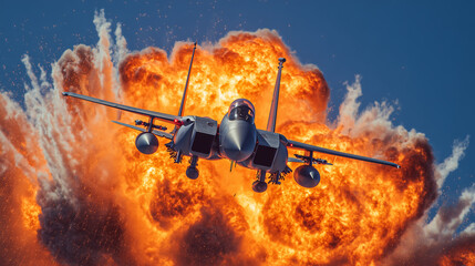 Dramatic illustration of a fighter jet exploding mid-air against a clear blue sky, with fiery debris and smoke, capturing intense action and high-speed aerial combat.