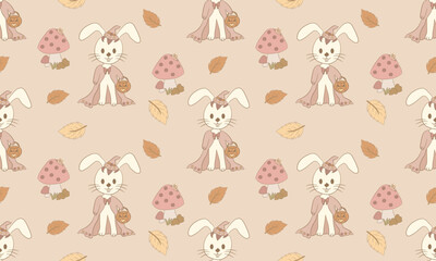 Halloween Bunny with Mushrooms and Leaves Seamless Pattern