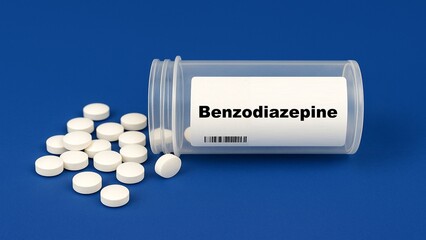 Box of benzodiazepine tranquilizer tablets placed on medical counter in hospital pharmacy.