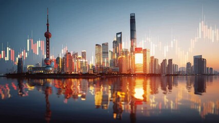 Cityscape at sunrise with overlaid financial data graphs. A blend of urban life and economic indicators is captured, setting a tone of growth and change. - Powered by Adobe