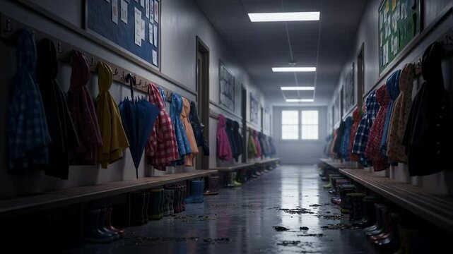 Empty school cloakroom with colorful coats and boots left in a row, a wet floor suggesting the end of a rainy day, evoking nostalgia, childhood and education concepts