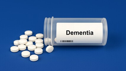  Box of dementia treatment tablets placed on white medical table, used for cognitive therapy.