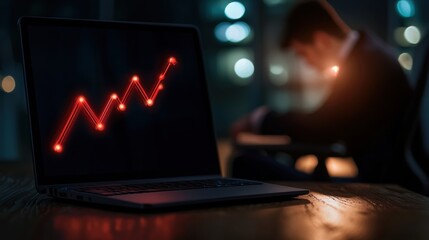 Economic risk recession Downward trending graph displayed on a computer screen, dark office background, empty chairs suggest job losses
