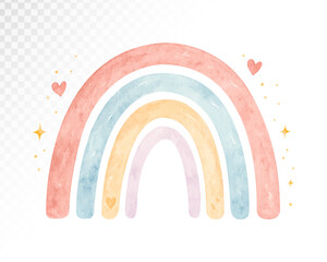 Watercolor pastel rainbow with small stars and hearts. Great for nursery prints, wall decor, baby shower invitations, and gender neutral baby themes. Vector illustration.