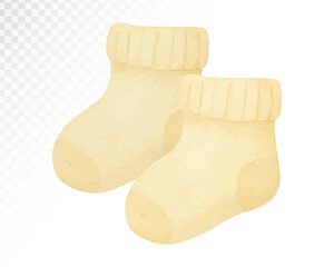 Watercolor illustration of soft pastel yellow baby socks. Perfect for gender-neutral baby shower themes, newborn accessories, and cozy nursery visuals. Vector illustration.