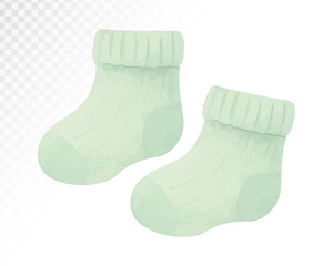 Watercolor mint green baby socks illustration. Ideal for baby boy themes, soft nursery decor, newborn outfit visuals, and baby shower cards. Vector illustration.