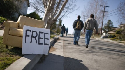 Yellow couch placed on curb with sign reading FREE attracts attention from pedestrians walking by on sunny day. scene captures moment of urban life and concept of giving away unwanted furniture