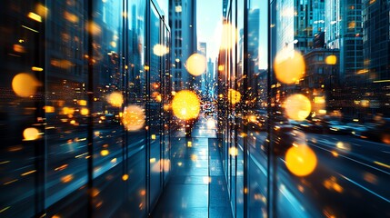 A vibrant cityscape with abstract reflections and glowing lights. Urban architecture blends with artistic bokeh effects, creating a dynamic visual experience.
