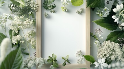 A wooden frame surrounded by an assortment of green leaves and white flowers, creating a natural and elegant floral composition perfect for invitations or nature-themed designs.