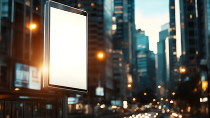 Blank digital billboard stands out in a vibrant urban nightscape, surrounded by towering skyscrapers and lively city lights reflecting modern architectural design.