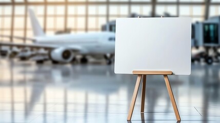 Blank whiteboard on easel at airport terminal with blurry airplane in background. Space for text or travel announcements. Modern transport hub with natural lighting.