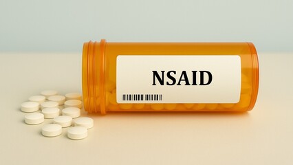 Box of NSAID tablets for inflammation and pain relief placed on pharmacy table.