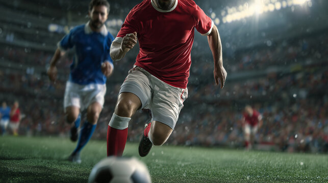 A soccer player dribbling the ball while being chased by an opponent during an intense match, showcasing speed, skill, and competition. - Powered by Adobe