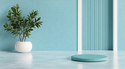 Minimalistic interior design featuring a modern blue space with a stylish potted plant and circular platform, emphasizing contemporary aesthetics and tranquility.
