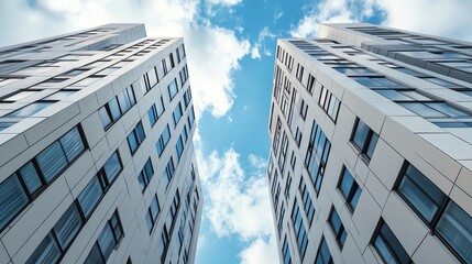Modern skyscrapers rise against a clear blue sky, capturing the essence of urban development and architectural achievement in a bustling cityscape.