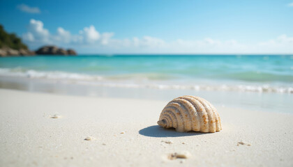 Quiet Beach Cove with Seashell on White Sand Shoreline for Travel Blogs, Nature Websites, Beach Lifestyle, Relaxation Articles, and Vacation Content  