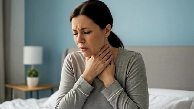 Sick woman in pajamas sits on her bed and touches her painful neck, suffering from a sore throat, illustrating flu symptoms, illness, tonsillitis and healthcare concepts at home