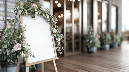 Wooden easel with blank whiteboard, decorated with elegant flower arrangements, stands by a rustic cafe entrance, ideal for customized messages or event promotions.