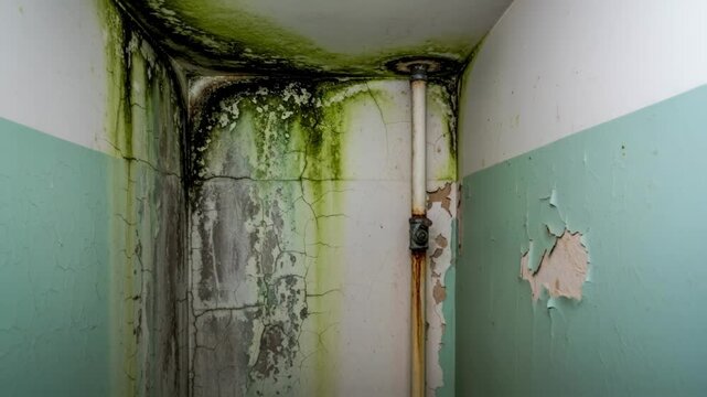 Black and green mold spreads across a damp wall corner with peeling paint and a rusty pipe, illustrating poor housing conditions, health risks and property neglect concepts