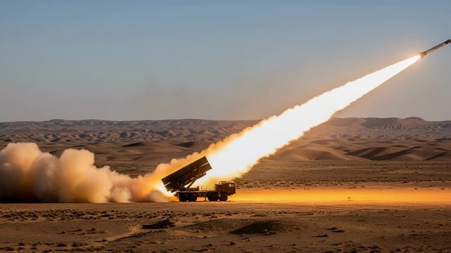 A missile is launched from a military vehicle in a vast desert landscape at sunrise, creating a trail of fire and smoke, symbolizing modern warfare, defense systems and geopolitics