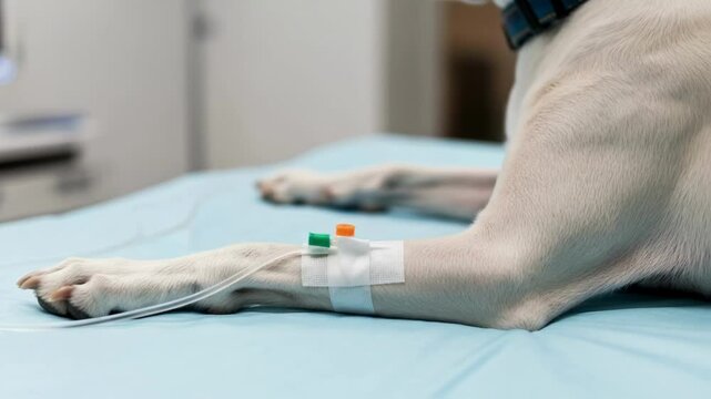 Close-up of a dog's paw with an iv catheter attached, lying on an operating table in a veterinary clinic, representing animal healthcare, pet treatment and veterinary medicine