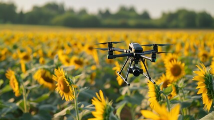 Picture an autonomous drone flying low over a sunflower field, analyzing plant health.