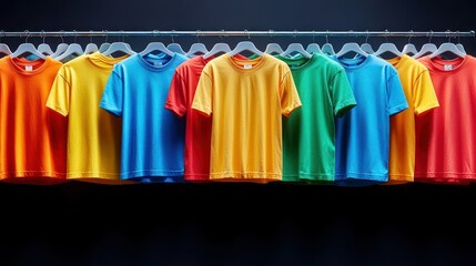 Colorful t-shirts on hangers against dark background