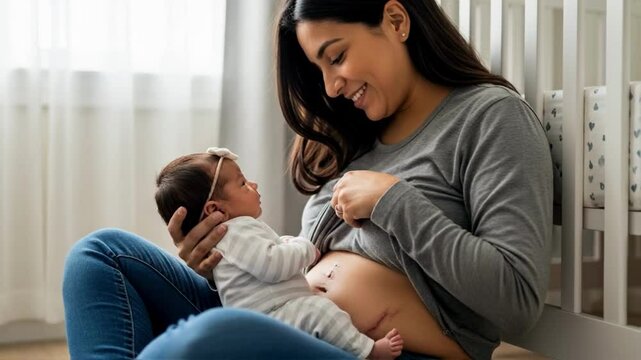 A smiling mother breastfeeding her newborn baby, showing a c-section scar, a tender moment representing motherhood, postpartum recovery, and the parent-child bond