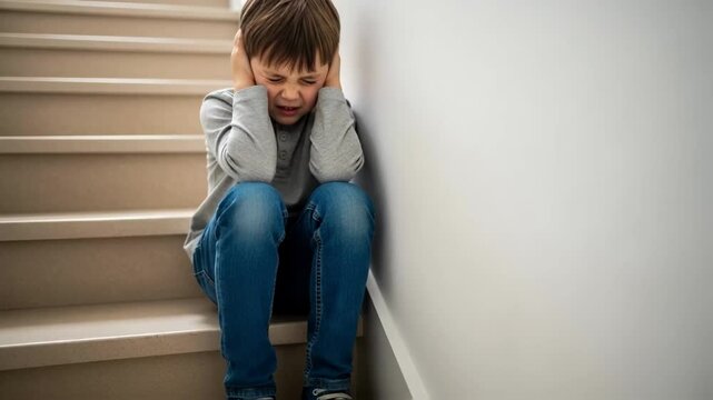 Upset little boy sitting on a staircase covering his ears to block out noise, expressing stress, fear, or sensory overload, concept for child psychology and domestic issues