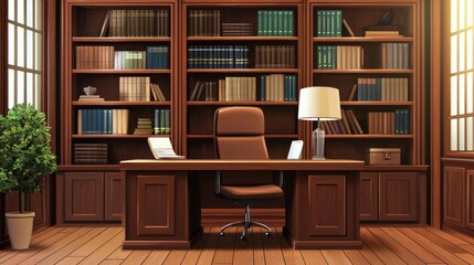A spacious office with a wooden desk, chair, and bookshelves filled with books and a potted plant.