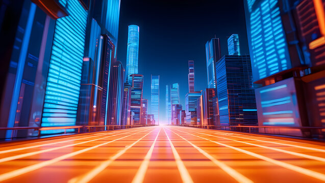 Futuristic digital infrastructure and smart city skyline representing high speed data transfer and global connectivity for telecommunications and information technology concepts