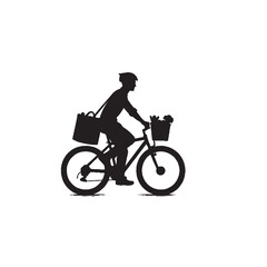 Fototapeta premium City Bike Rider with Grocery Bag Silhouette on White Background – Vector Illustration for Urban Mobility, Sustainable Shopping, and Daily Commute Concepts