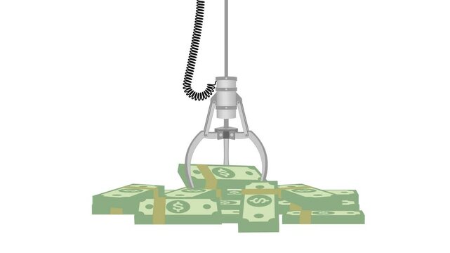 animated claw machine gripping bundle of dollar money. animation footage video isolated on white alpha channel (transparent) background.
