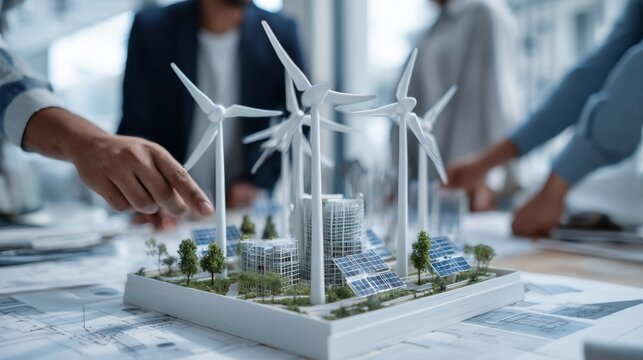 Engineers collaborating on sustainable architecture model with wind turbines, solar panels, and green building design in office - Powered by Adobe