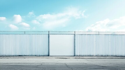 Obraz premium A large, white, corrugated metal fence with a white gate in the middle, against a clear blue sky with scattered clouds.