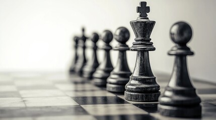 A chess board with a black and white chess set, featuring a black king and pawns on a white background.