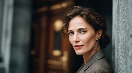 Fototapeta premium female financial advisor on the left side of picture, elegantly dressed in a women's suit, stands in front of the entrance to the office