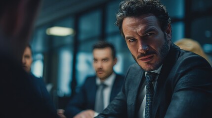 Obraz premium formal business negotiation, handsome authoritarian CEO, sharply dressed, intense expression, commanding presence, colleagues around, modern office setting