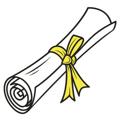 A tied yellow ribbon secures the rolled parchment with black outlines over a white background