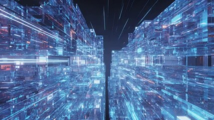 Futuristic digital landscape with glowing data structures and vibrant blue light trails - Powered by Adobe