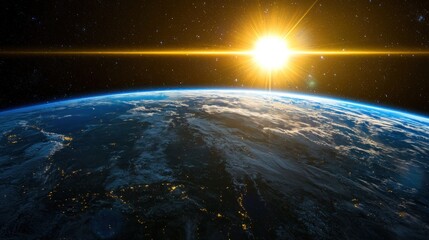 The sun rises over the Earth, casting a warm glow across the planet's surface. The vibrant colors of the sunrise contrast with the dark