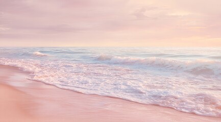 Obraz premium Serene beach scene with soft pink sand and gentle waves, bathed in warm sunset glow, evoking tranquility. Pastel blue sky adds dreamy atmosphere, perfect for calming backgrounds or covers.