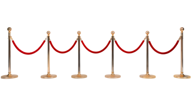 Stanchions with red velvet ropes isolated on transparent background