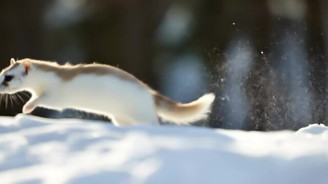 A nimble ermine dashes across a snow-covered field, its white fur blending with the wintry landscape as it exhibits impressive agility and speed in the cold environment.