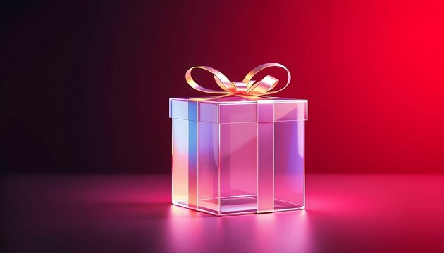 A transparent, iridescent gift box with a gold ribbon sits against a dark red gradient background.